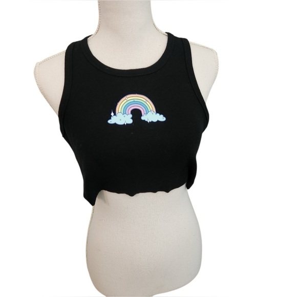 PacSun Black Sleeveless Crop Top with Scoop Neck & Rainbow Graphic  size S - Picture 1 of 11